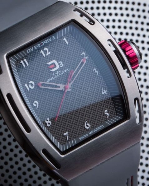 Overdrive watch with a tonneau case and red crown