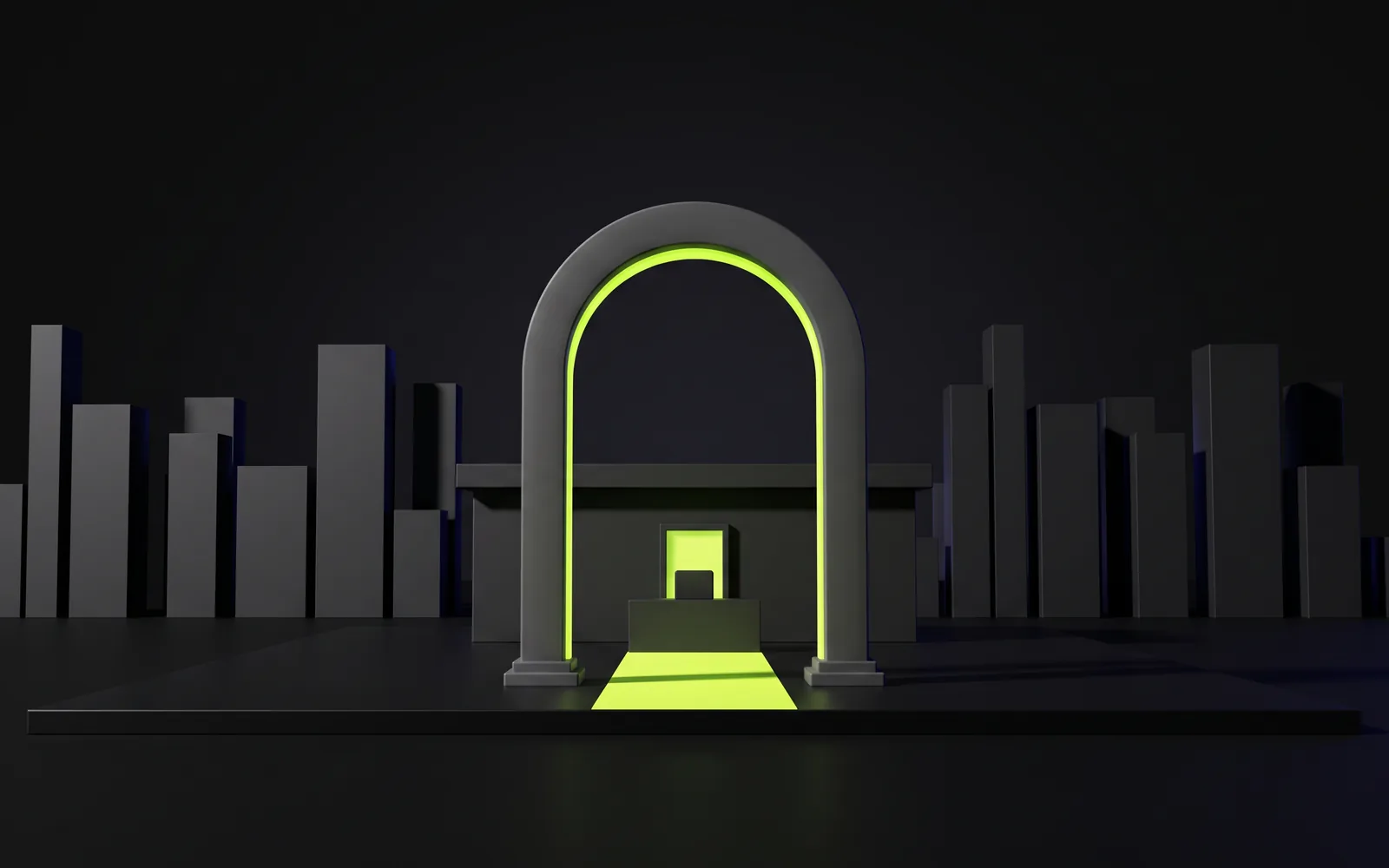 Abstract 3D scene of a glowing lime gateway arch on a dark stage in front of a plain city skyline, with a small lit shop and a payment terminal beyond it
