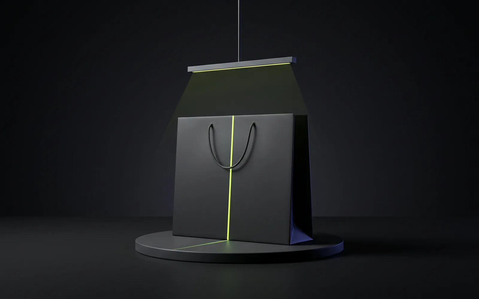 Abstract 3D scene of a plain black shopping bag on a round platform under a hanging light bar, with a thin lime line of light scanning down its front: an online store being checked before a big sale.