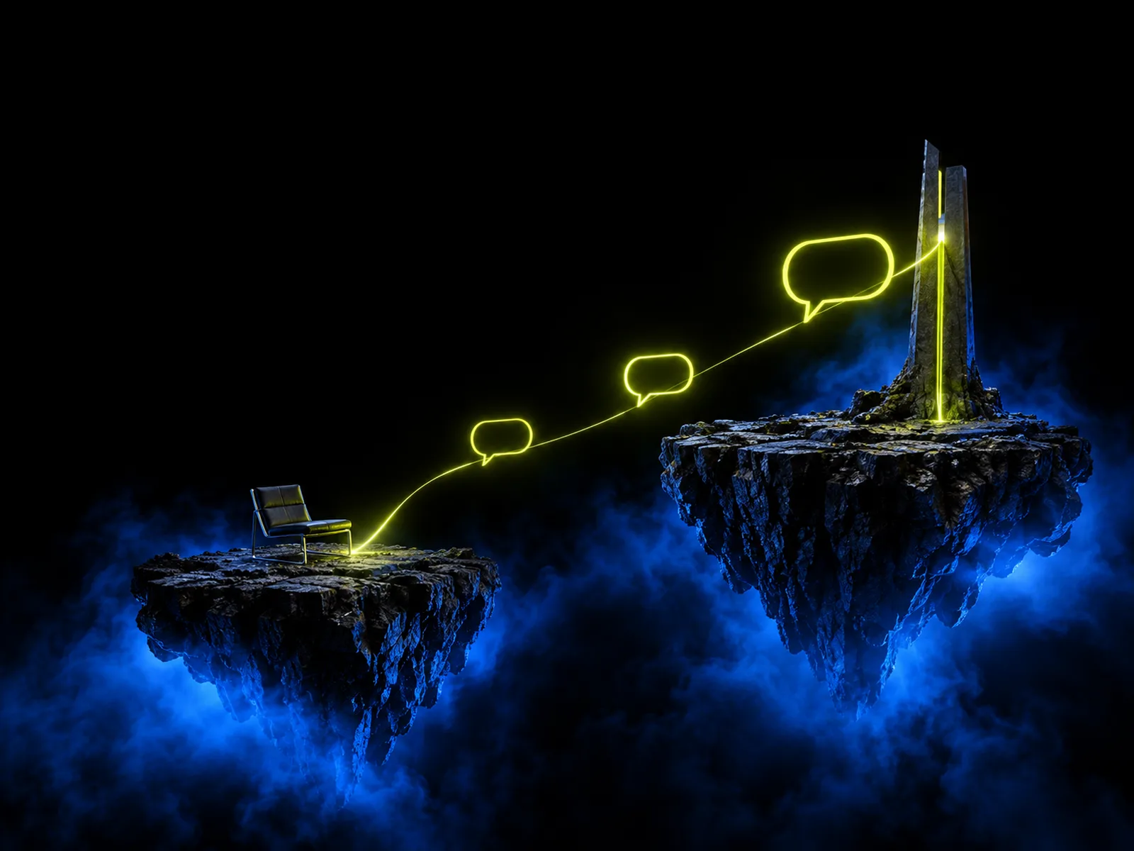 A message tower on a floating island sending speech bubbles along a path to a waiting chair