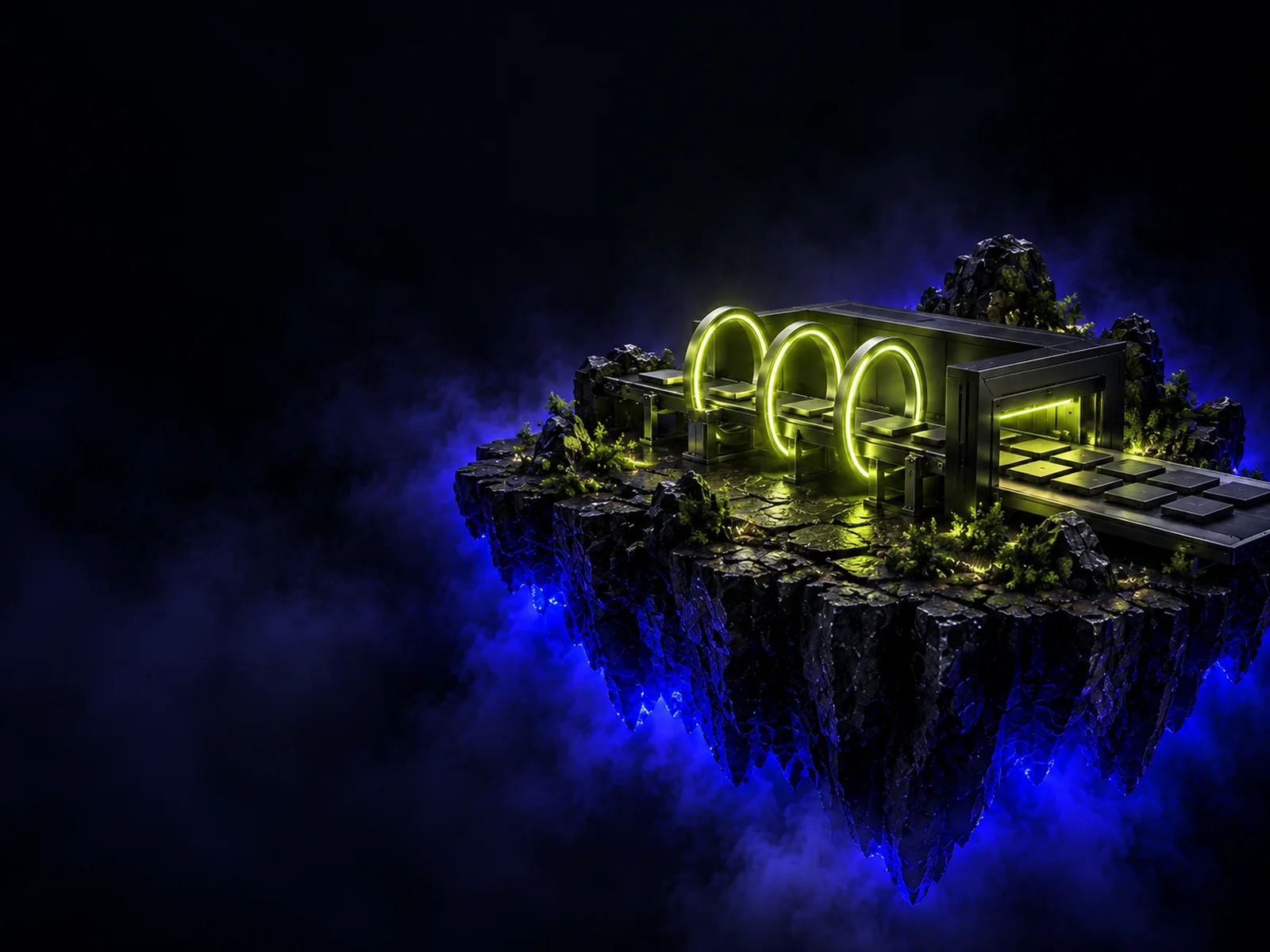 A black machine on a floating island moving product tiles through rings of light