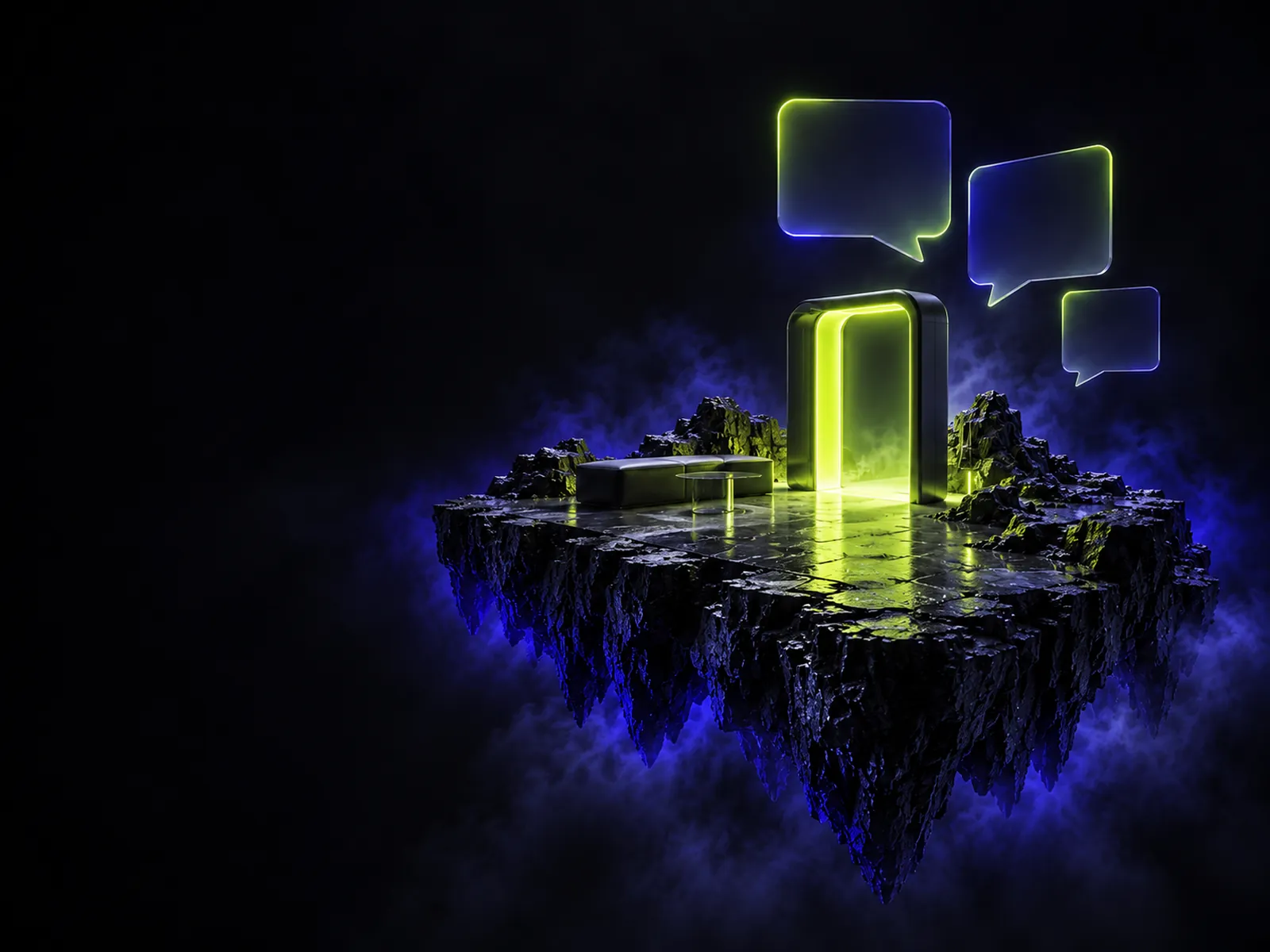 An open lime-lit doorway on a calm floating island, with a bench and blank speech bubbles rising into the mist