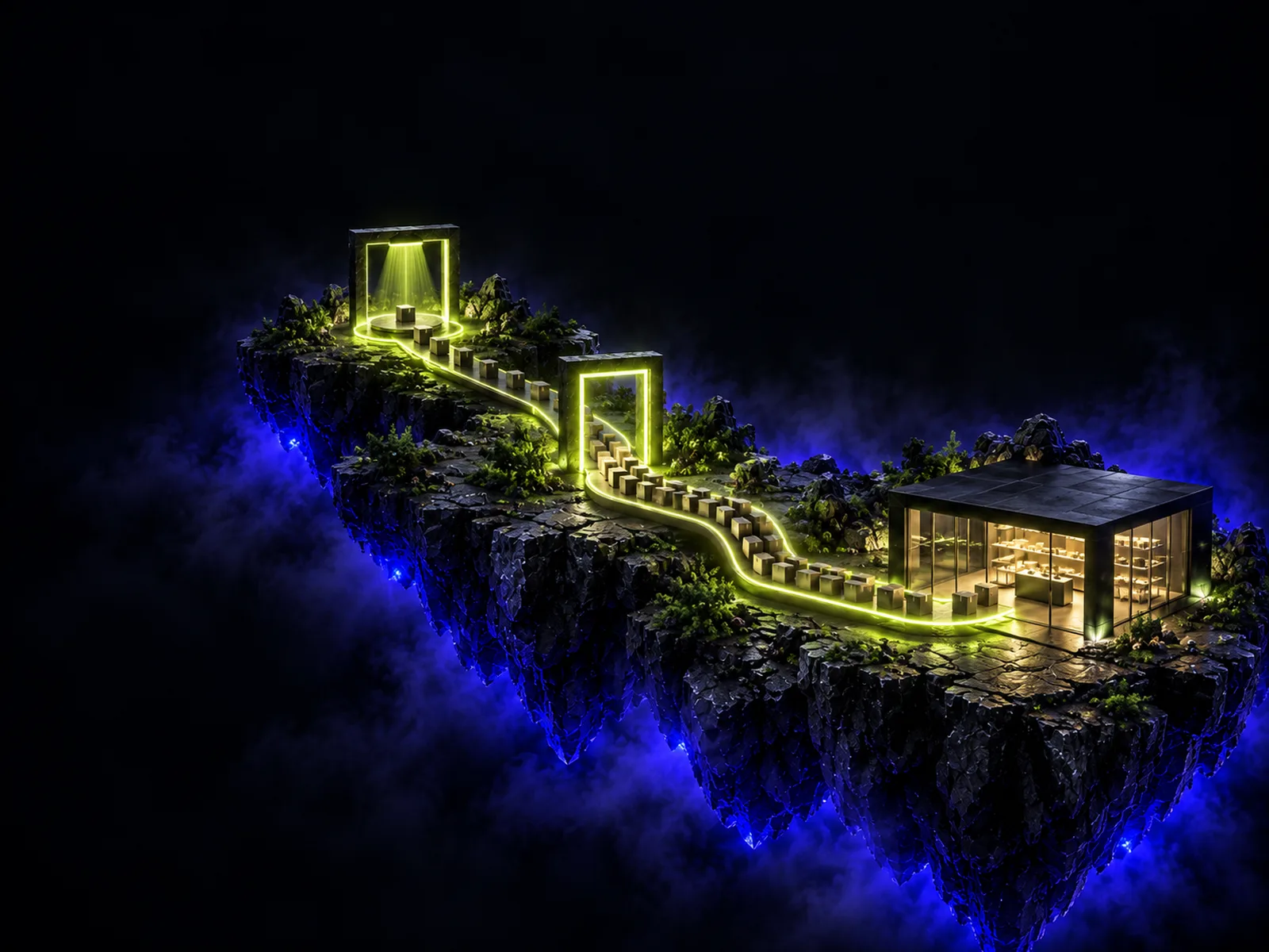 A path on a floating island leading product boxes from a storefront through light gates to a glowing checkout arch