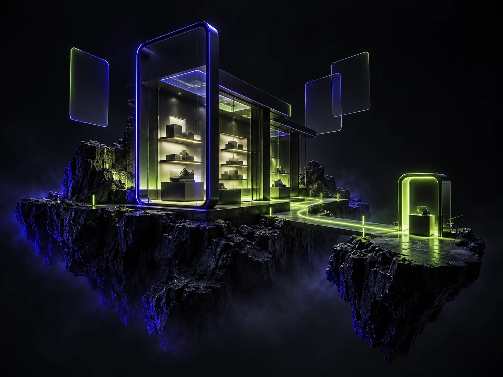 A floating basalt island carrying a glass online store pavilion, with a lime path leading to a checkout arch