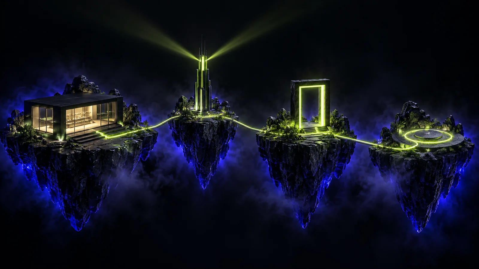 Four floating islands joined by one glowing path: an online store, a signal tower, a checkout arch and a returning loop