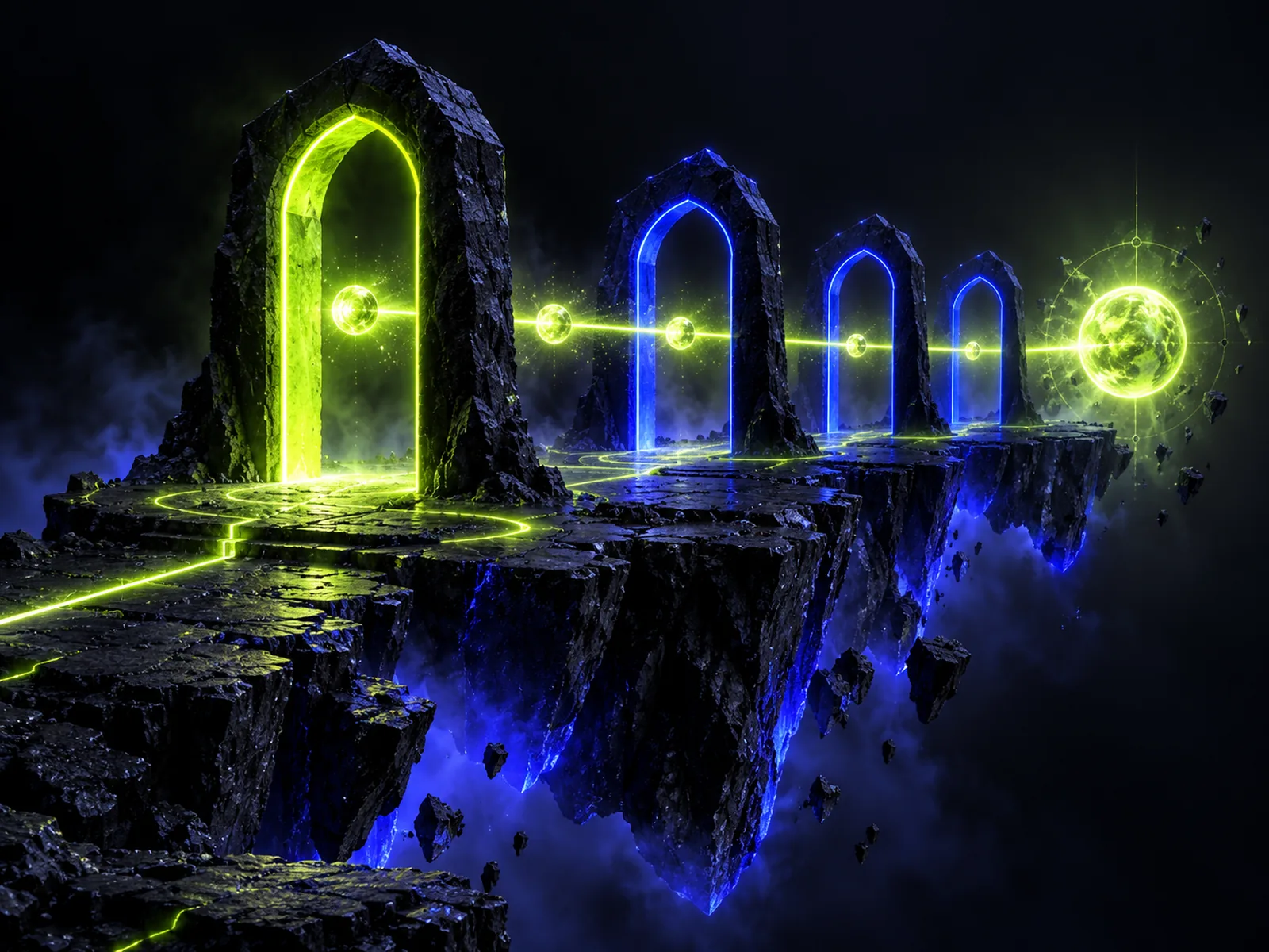 Four stone gate arches on a floating island, a lime beam passing through them to a glowing target