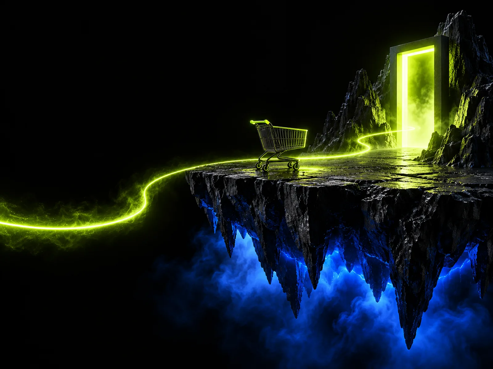 A shopping cart at the edge of a floating island with a loop of light returning to a checkout door