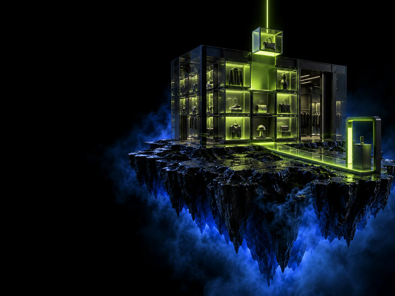 A glass online store on a floating island built from glowing modular blocks, one lifted into place by a beam of lime light