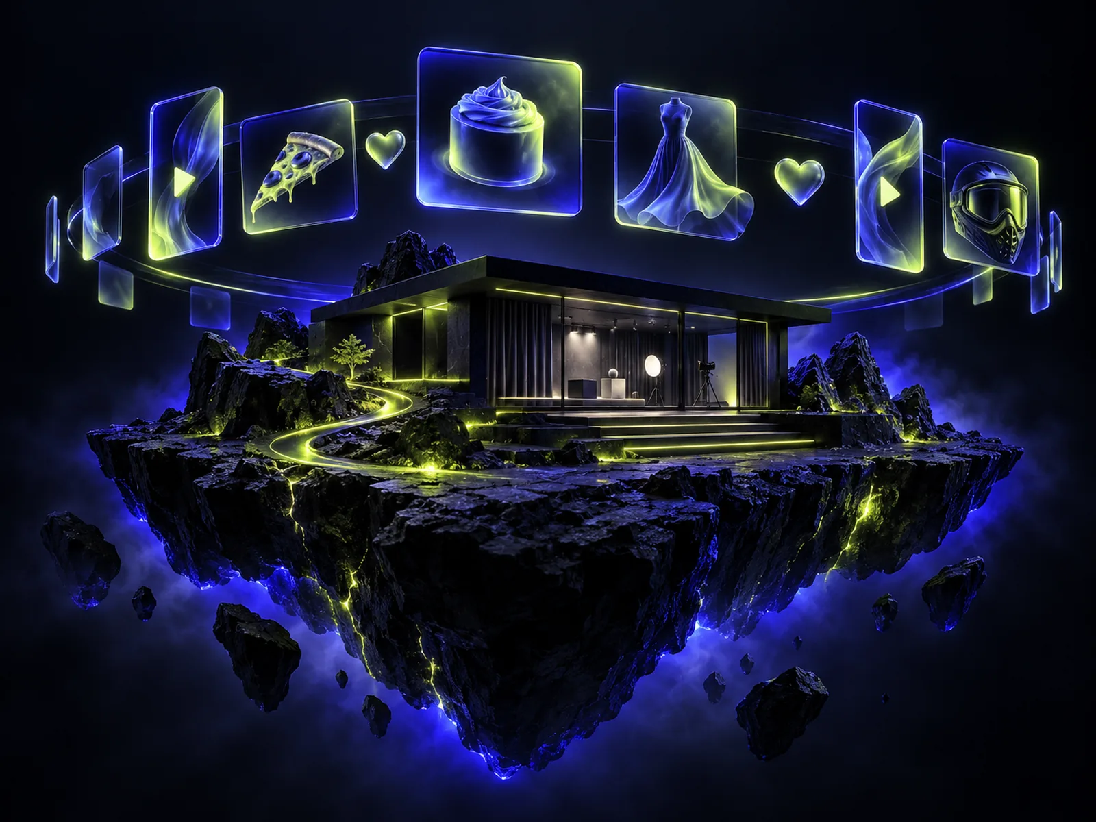 A content studio on a floating island under a ring of floating post and video frames