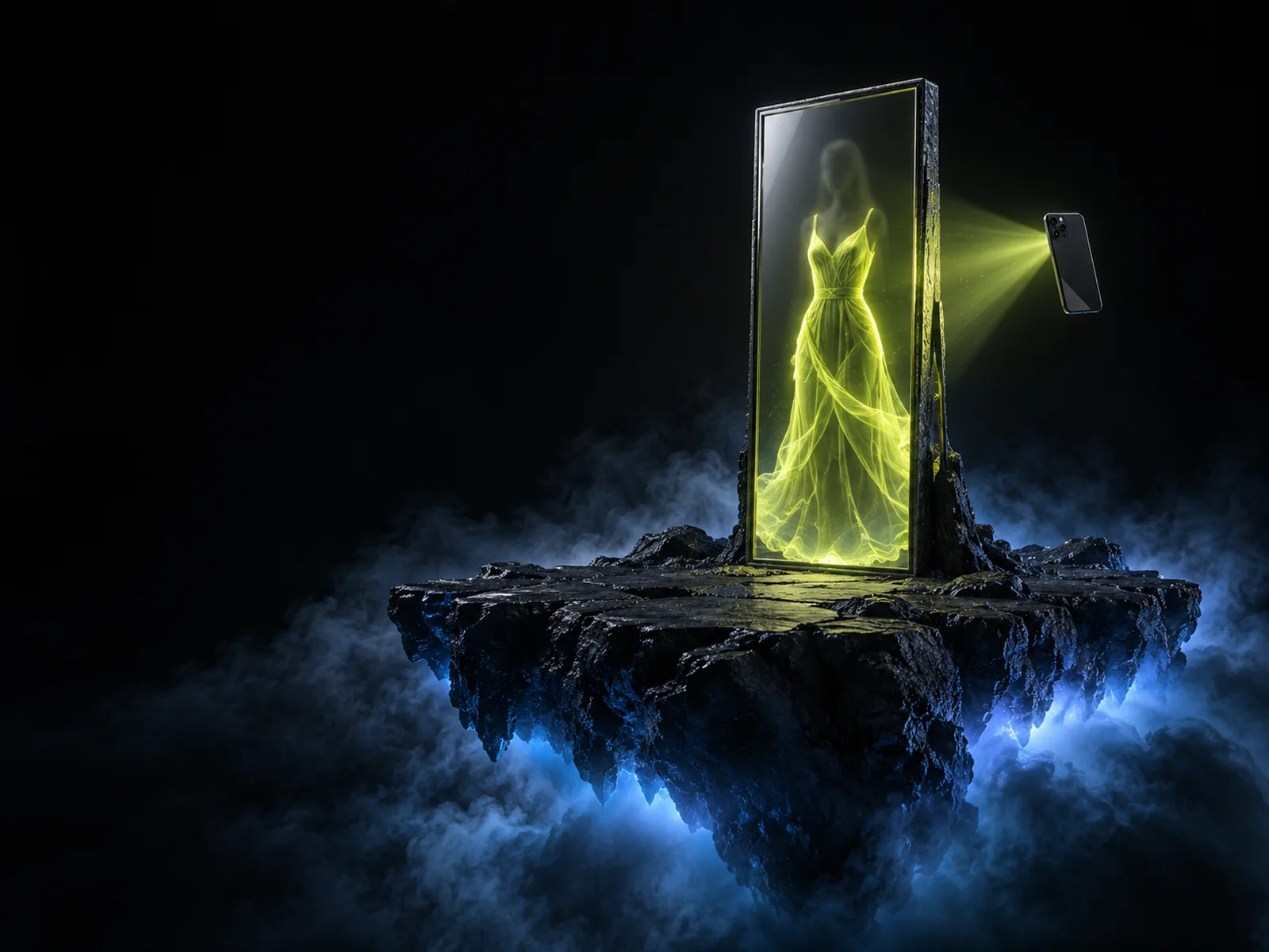 A full-length mirror on a floating island showing a glowing dress outline, with a phone beside it