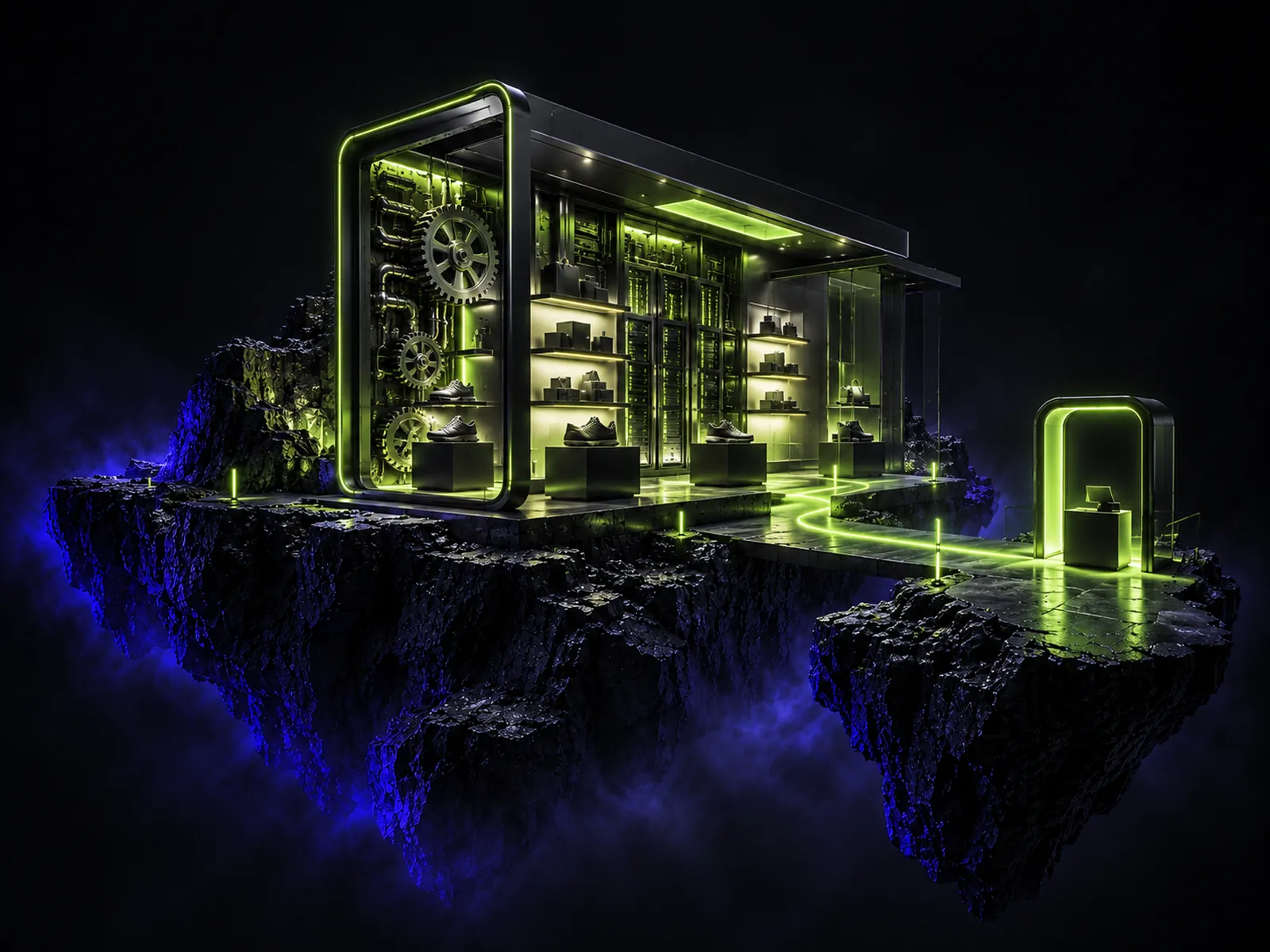 A graphite workshop online store on a floating island with lit gears and server racks behind the shelves, and a path to a checkout arch