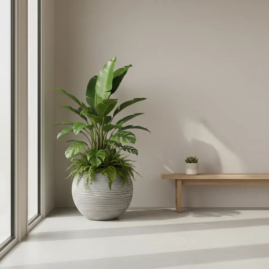AI product scene: ribbed globe planter in a living room