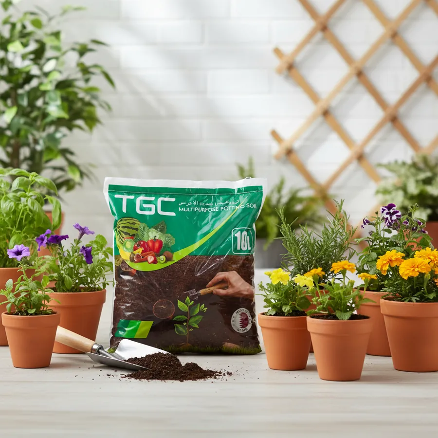 AI product scene: potting soil bag beside flowering pots