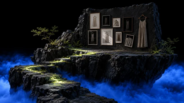 A floating island with a wall of mismatched product photos and a plain dress with no studio light