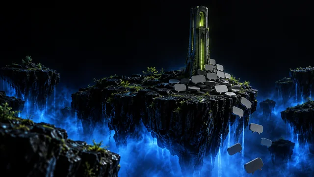 A dim message tower on a floating island with unanswered messages piling up and falling off the edge