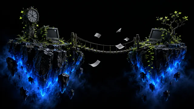 Two screens on separate floating islands joined by a fragile rope bridge, papers drifting between them