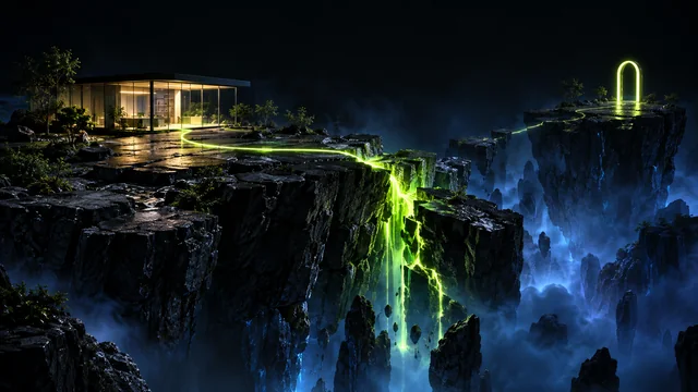 A storefront on a floating island whose path of light leaks away through a crack before the checkout arch