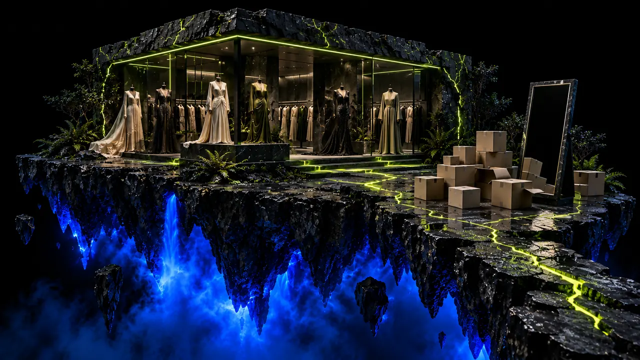 Long dresses and modest robes on dress forms in a boutique on a floating island, with returned parcels and an unlit mirror in front
