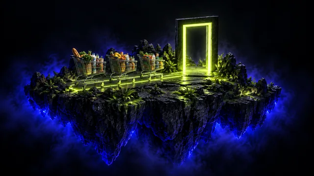 Shopping carts left on a floating island just short of a glowing checkout doorway