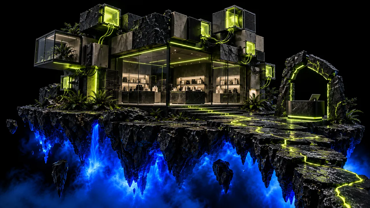 A glass online store on a floating island patched with mismatched blocks and add-on cubes, its path stopping short of a dim checkout arch