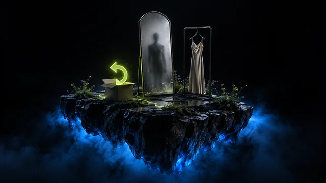 A mirror showing a blurred outline beside a dress and a returned parcel, on a floating island