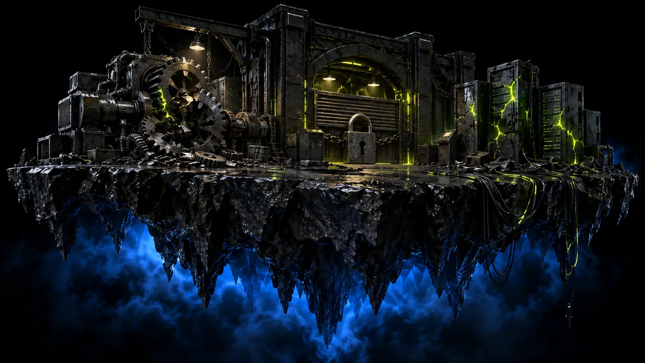A graphite workshop online store on a floating island with jammed gears and dark server racks, a gate half closed before the checkout