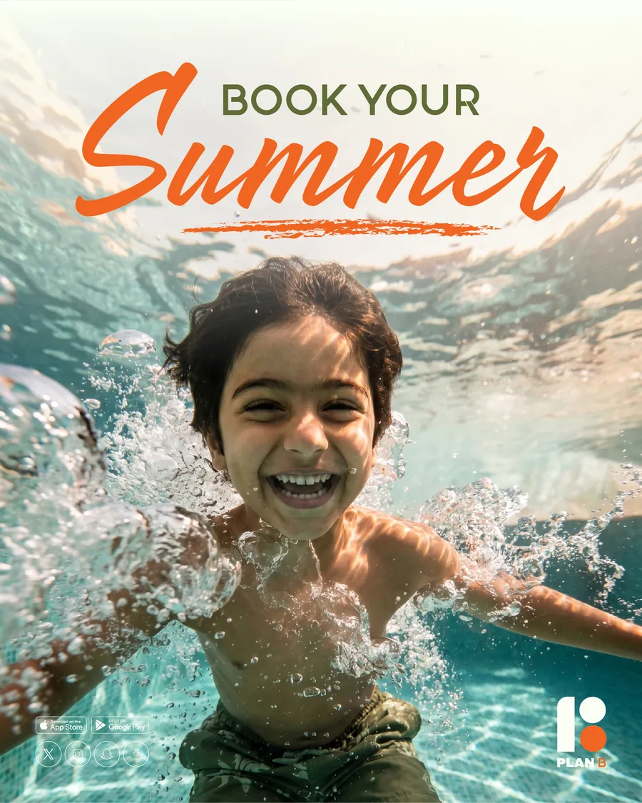 Plan B Book Your Summer key visual with a child in the water