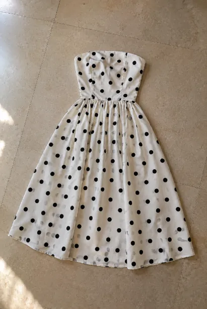 The supplier photo of a polka dot dress, laid flat
