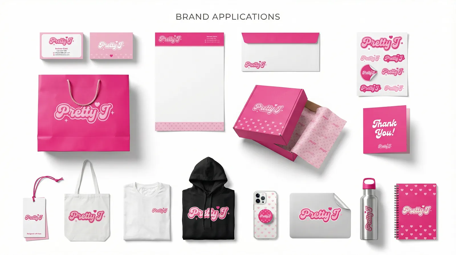Pretty J brand applications: packaging, bags and merchandise