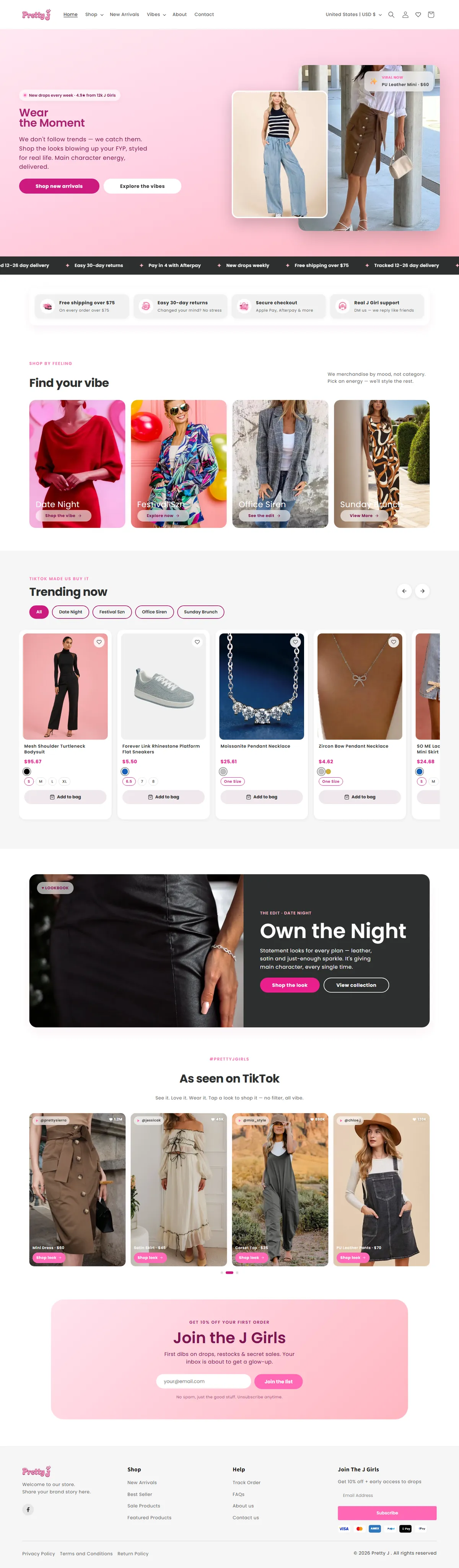 Pretty J live homepage on desktop, full length