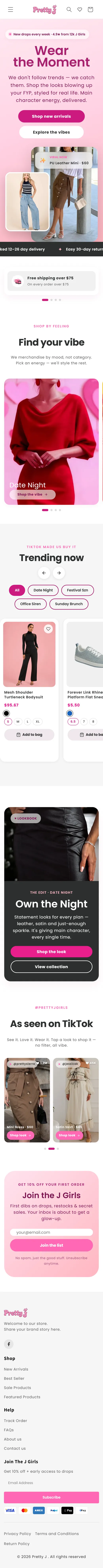 Pretty J live homepage on a phone, full length