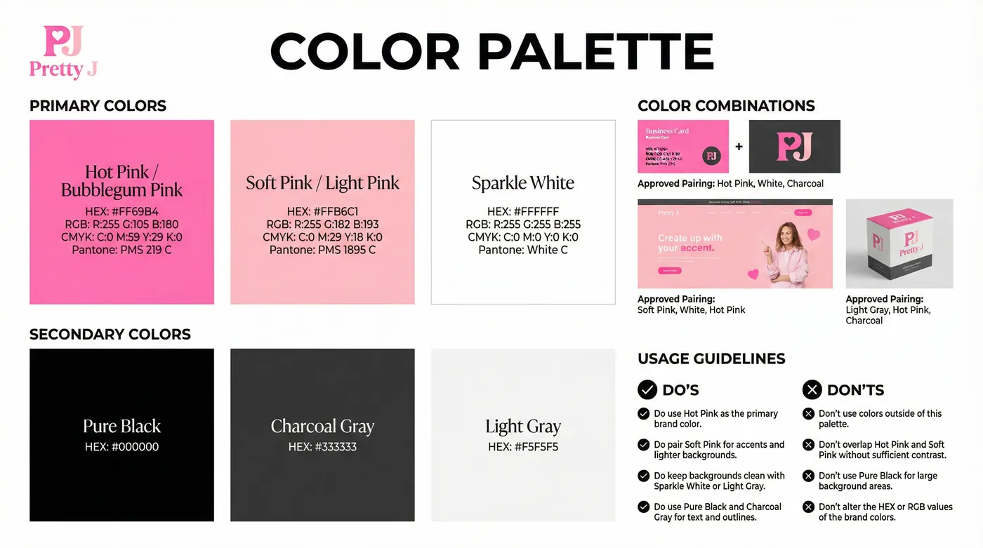 Pretty J colour palette page from the brand guidelines