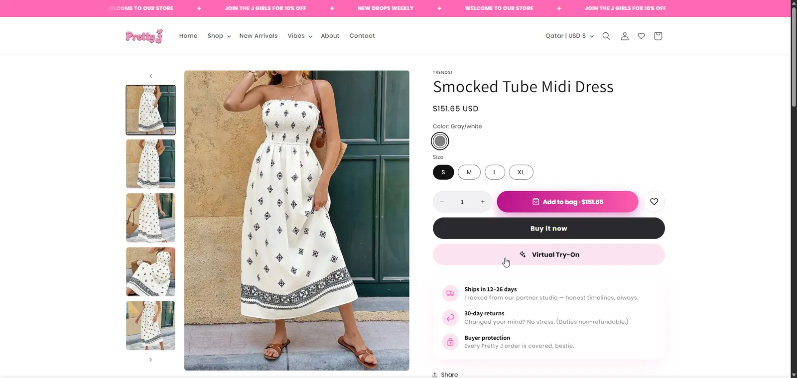 Pretty J live product page with the Virtual Try-On button