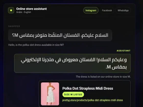Example conversation: the assistant shares the matching product with its link