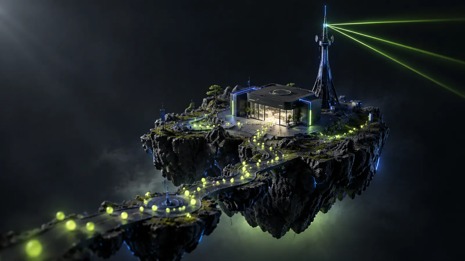 A floating island where beams of light draw visitors in