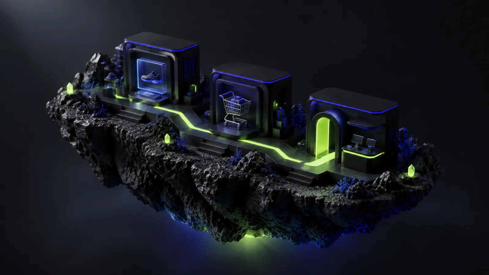 A floating island with an online store building and a glowing path to checkout