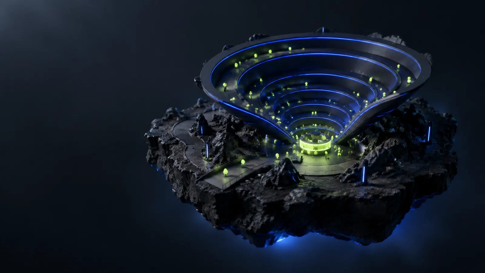 A floating island with a funnel of light rings narrowing to checkout