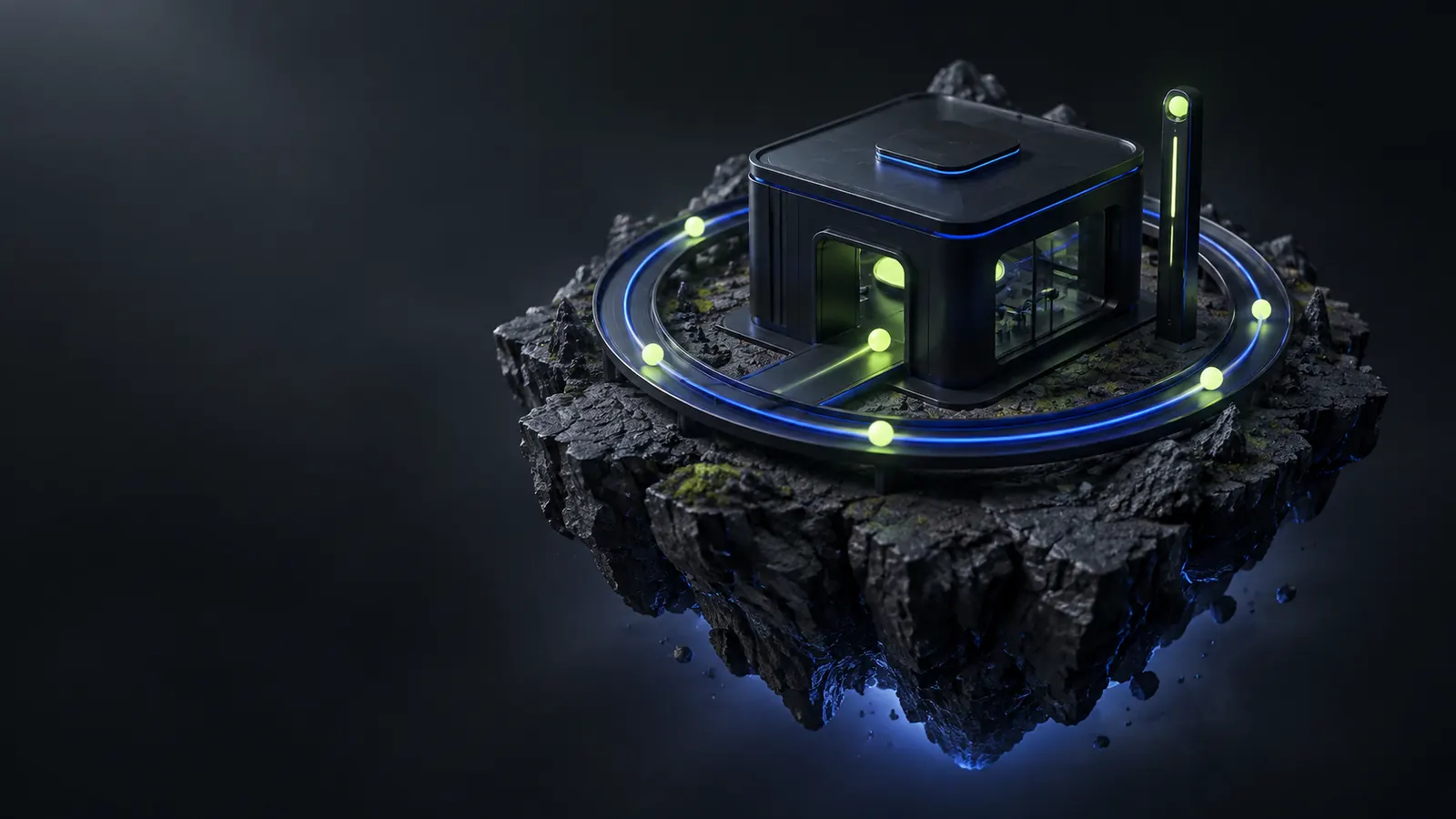 A floating island with a loop of light circling an online store