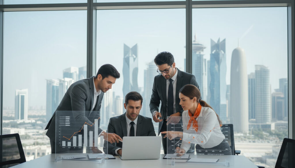 business strategy meeting with doha skyline background representing the best marketing agency in qatar”